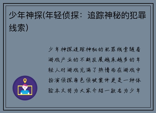 少年神探(年轻侦探：追踪神秘的犯罪线索)