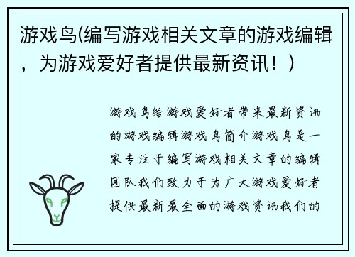 游戏鸟(编写游戏相关文章的游戏编辑，为游戏爱好者提供最新资讯！)