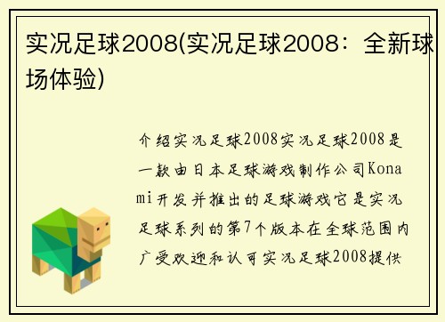 实况足球2008(实况足球2008：全新球场体验)